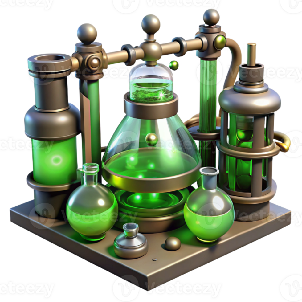 wonderful vintage vibrant artistic A steampunk laboratory filled with bubbling beakers, strange devices, and glowing tubes, eerie green lighting, highly detailed high quality high quality png