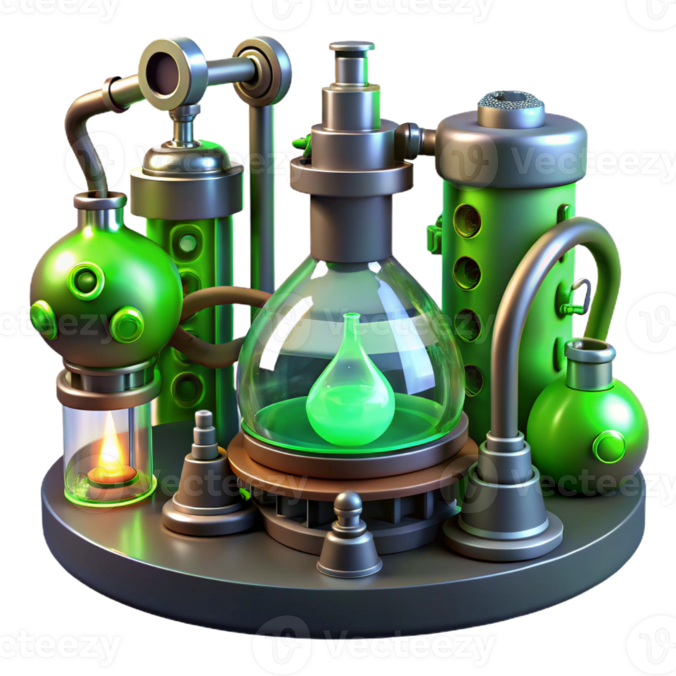 stunning classic serene contemporary A steampunk laboratory filled with bubbling beakers, strange devices, and glowing tubes, eerie green lighting, highly detailed genuine original png