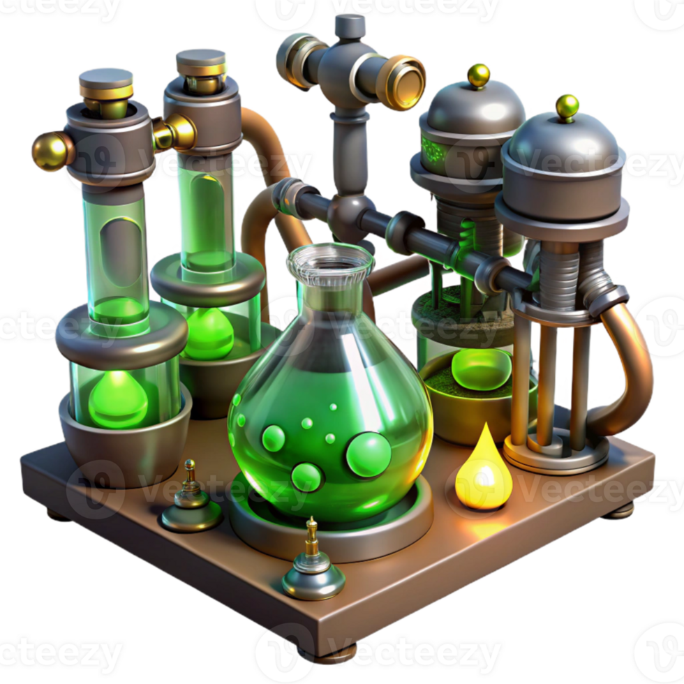 vibrant minimalist extraordinary contemporary A steampunk laboratory filled with bubbling beakers, strange devices, and glowing tubes, eerie green lighting, highly detailed exclusive authentic png