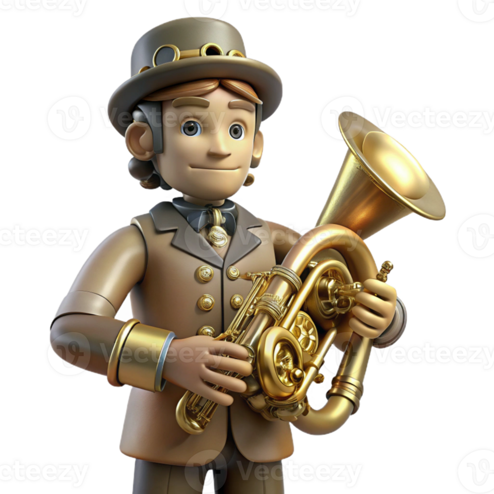 vibrant traditional serene creative A steampunk musician playing a brass instrument with intricate clockwork mechanisms, soft stage lighting, Art Nouveau inspired genuine high resolution png