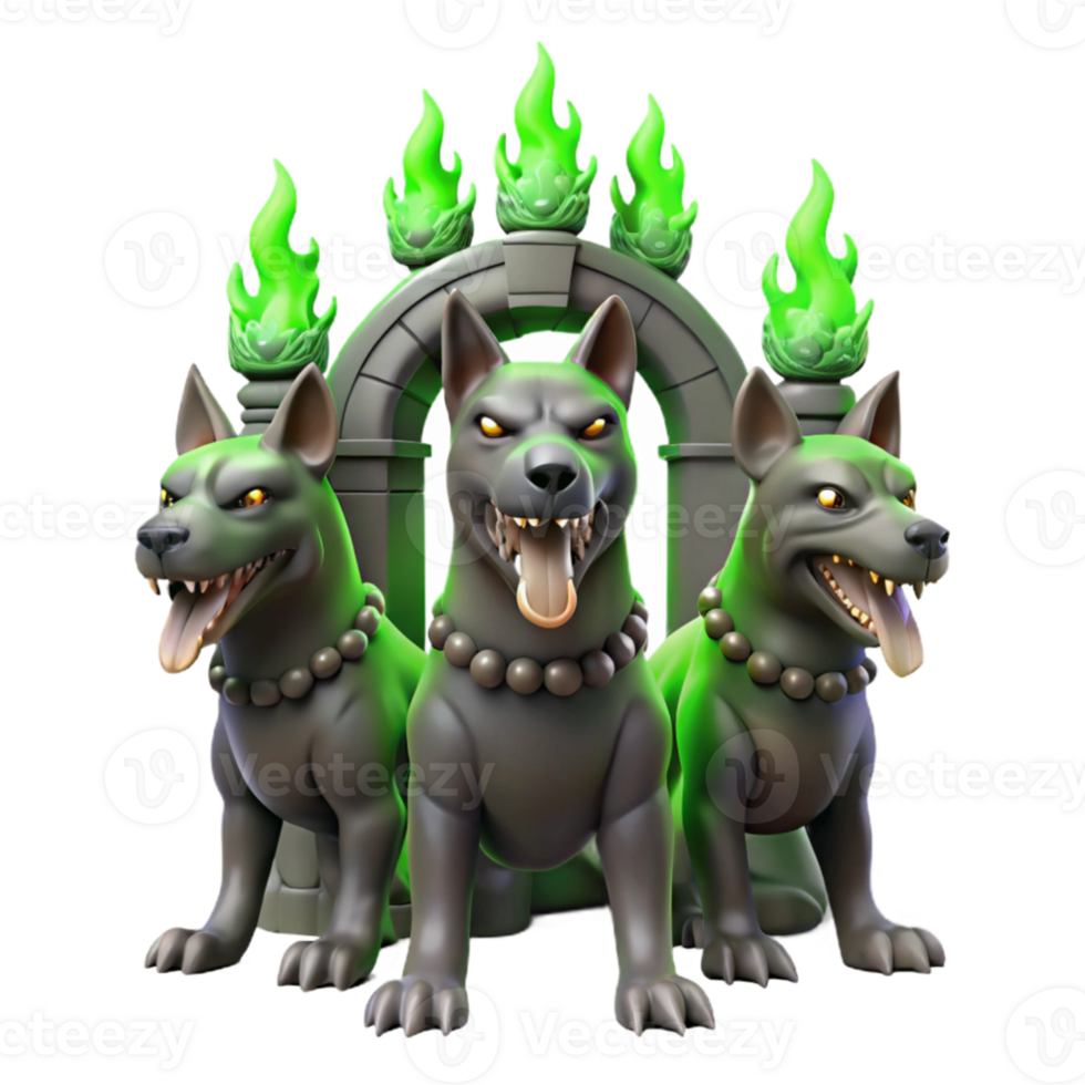 dramatic rustic serene vintage A three-headed Cerberus guarding the gates of the underworld, dimly lit by flickering green flames, painted in the style of Hieronymus Bosch high quality high quality png