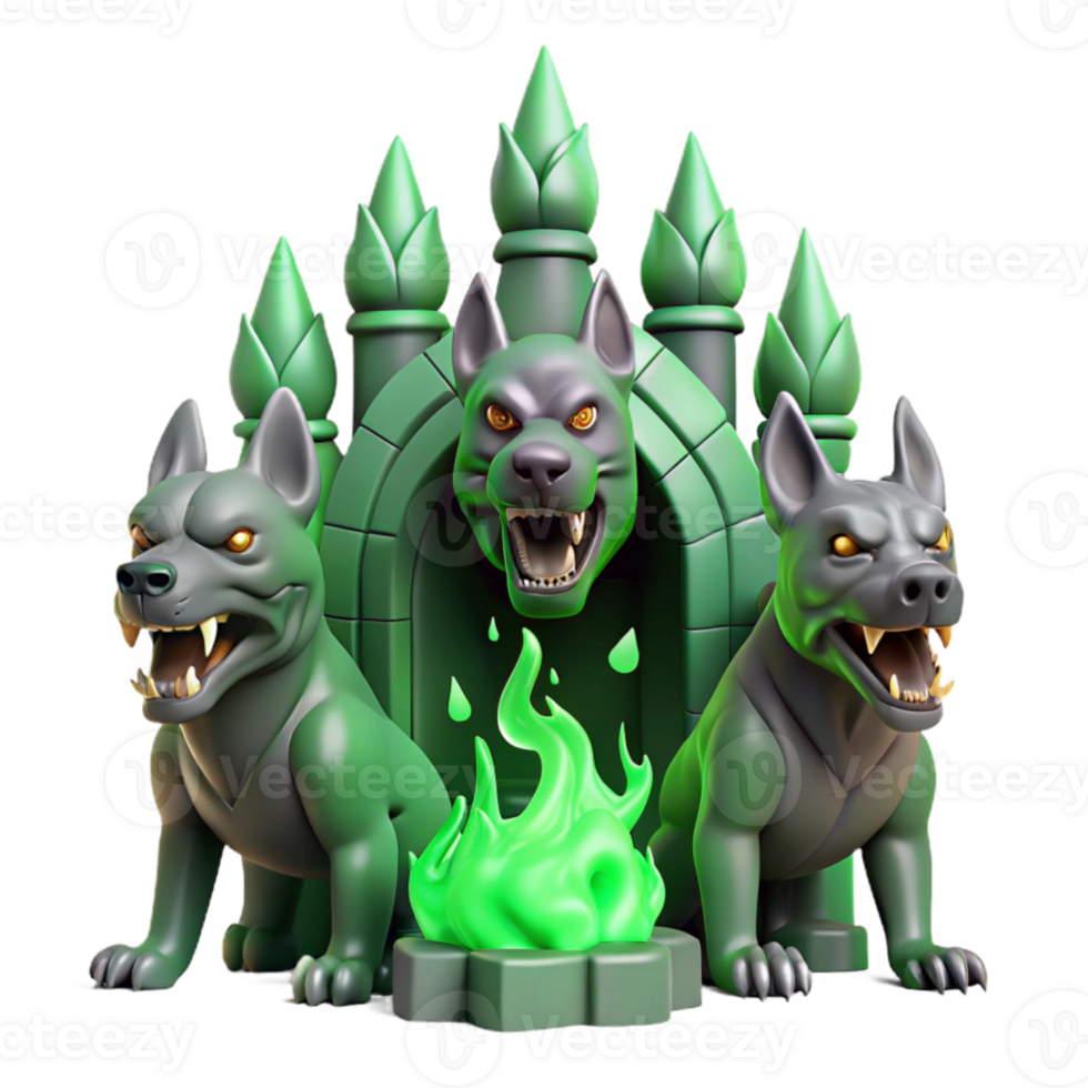 magnificent classic vibrant vintage A three-headed Cerberus guarding the gates of the underworld, dimly lit by flickering green flames, painted in the style of Hieronymus Bosch 4K high resolution png