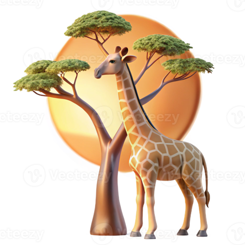 beautiful creative magnificent rustic A graceful giraffe reaching for leaves on a tall tree, upward perspective, warm sunset lighting, minimalist style professional detailed png