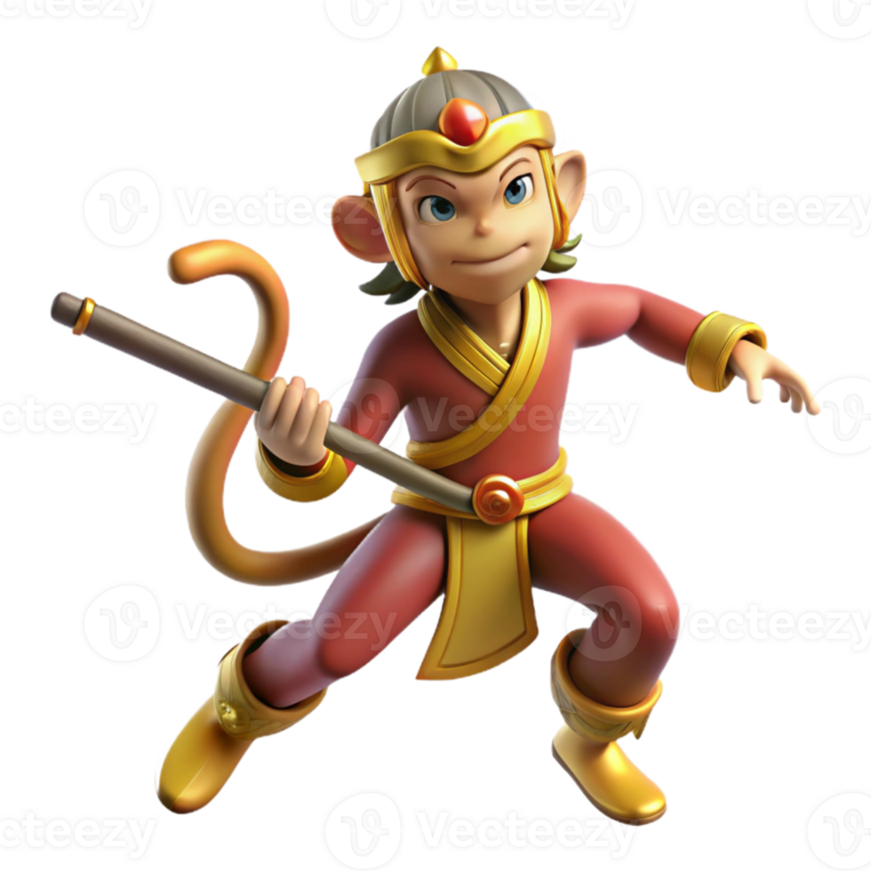 magnificent artistic vibrant traditional A wise Sun Wukong, the Monkey King, wielding his staff, dynamic and playful, Chinese mythology style authentic genuine png