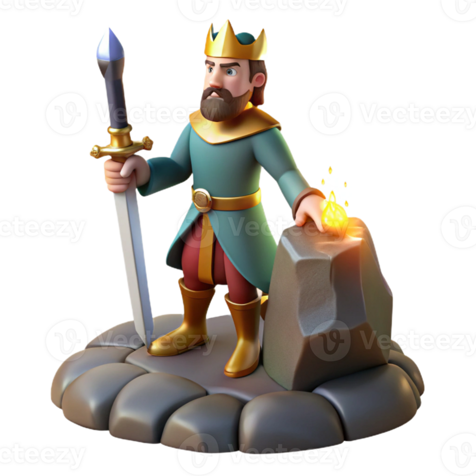 magnificent contemporary beautiful modern King Arthur drawing Excalibur from the stone, heroic and dramatic lighting, medieval romance style authentic high resolution png