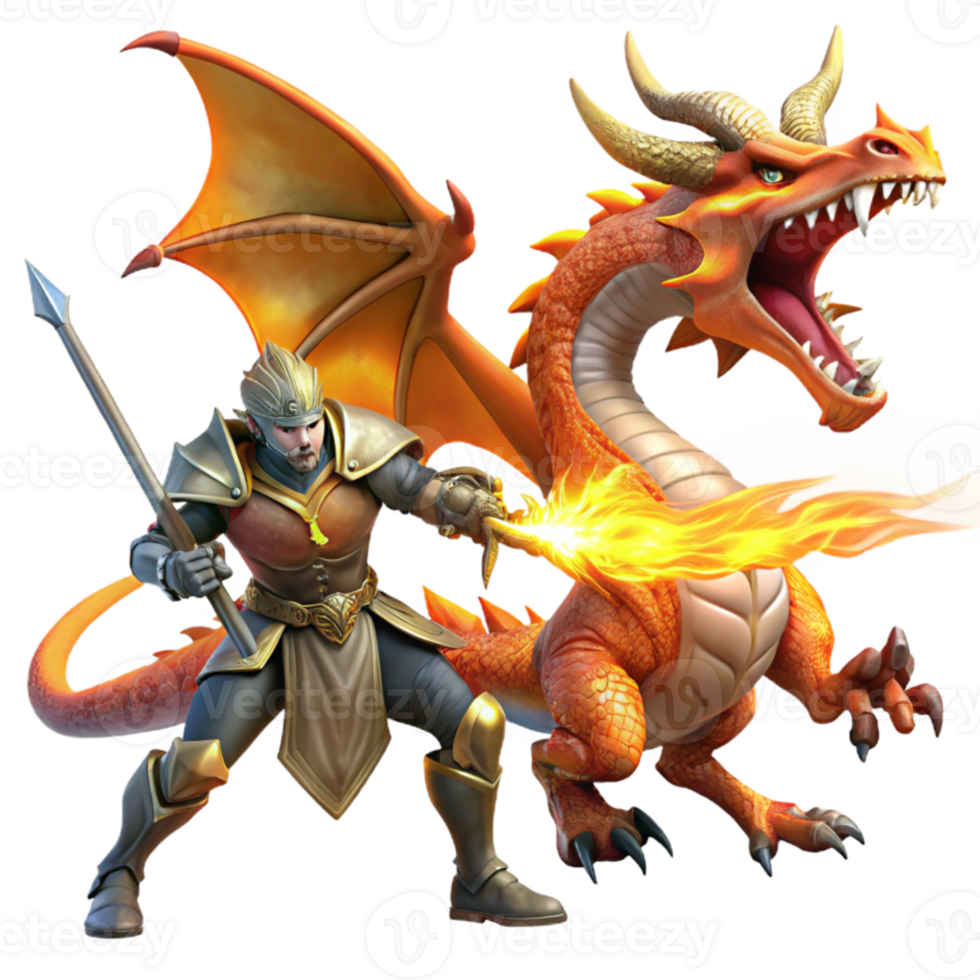 extraordinary modern stunning classic A brave Sir Lancelot battling a dragon, dynamic and fiery lighting, fantasy art style genuine 4K png