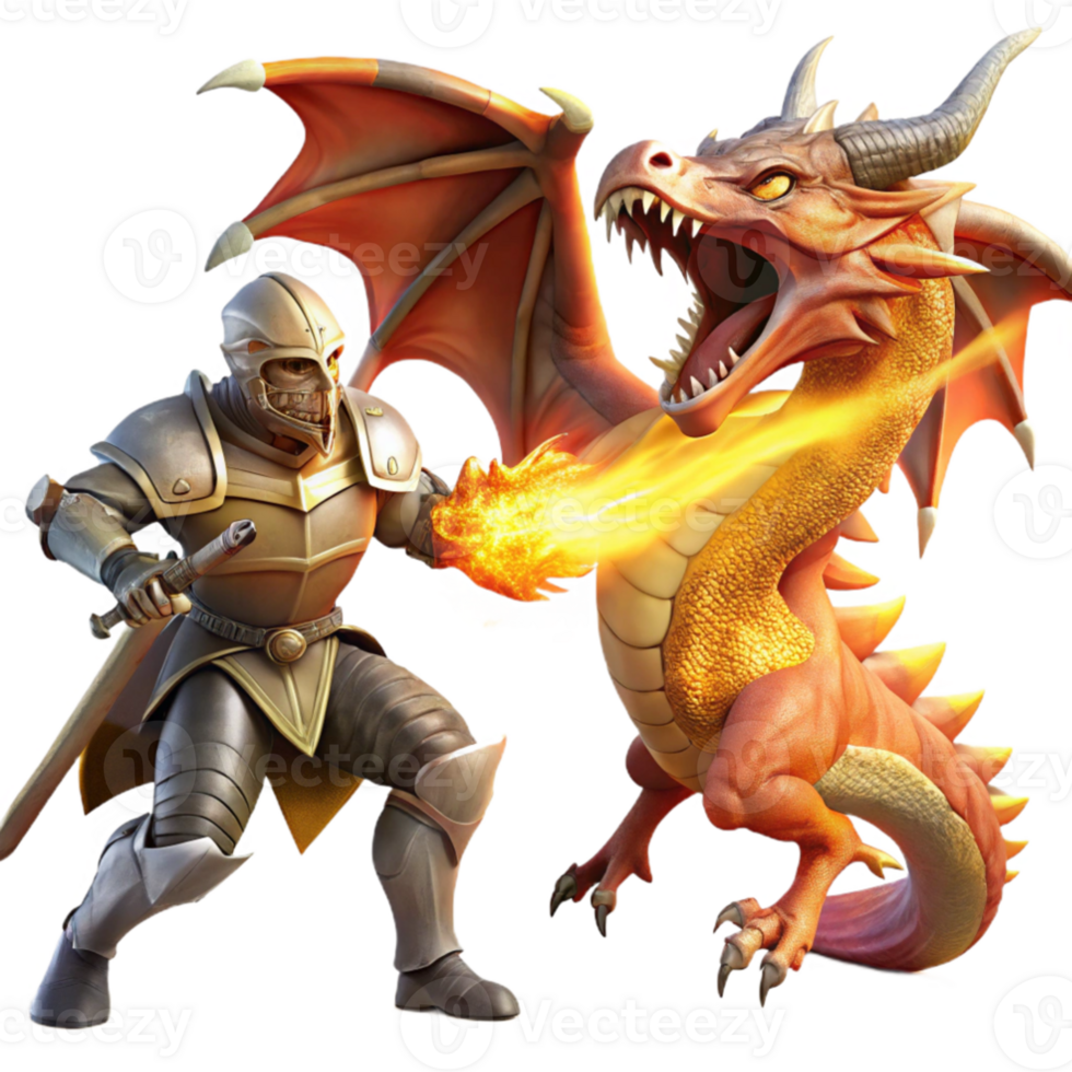beautiful abstract elegant classic A brave Sir Lancelot battling a dragon, dynamic and fiery lighting, fantasy art style high quality premium png