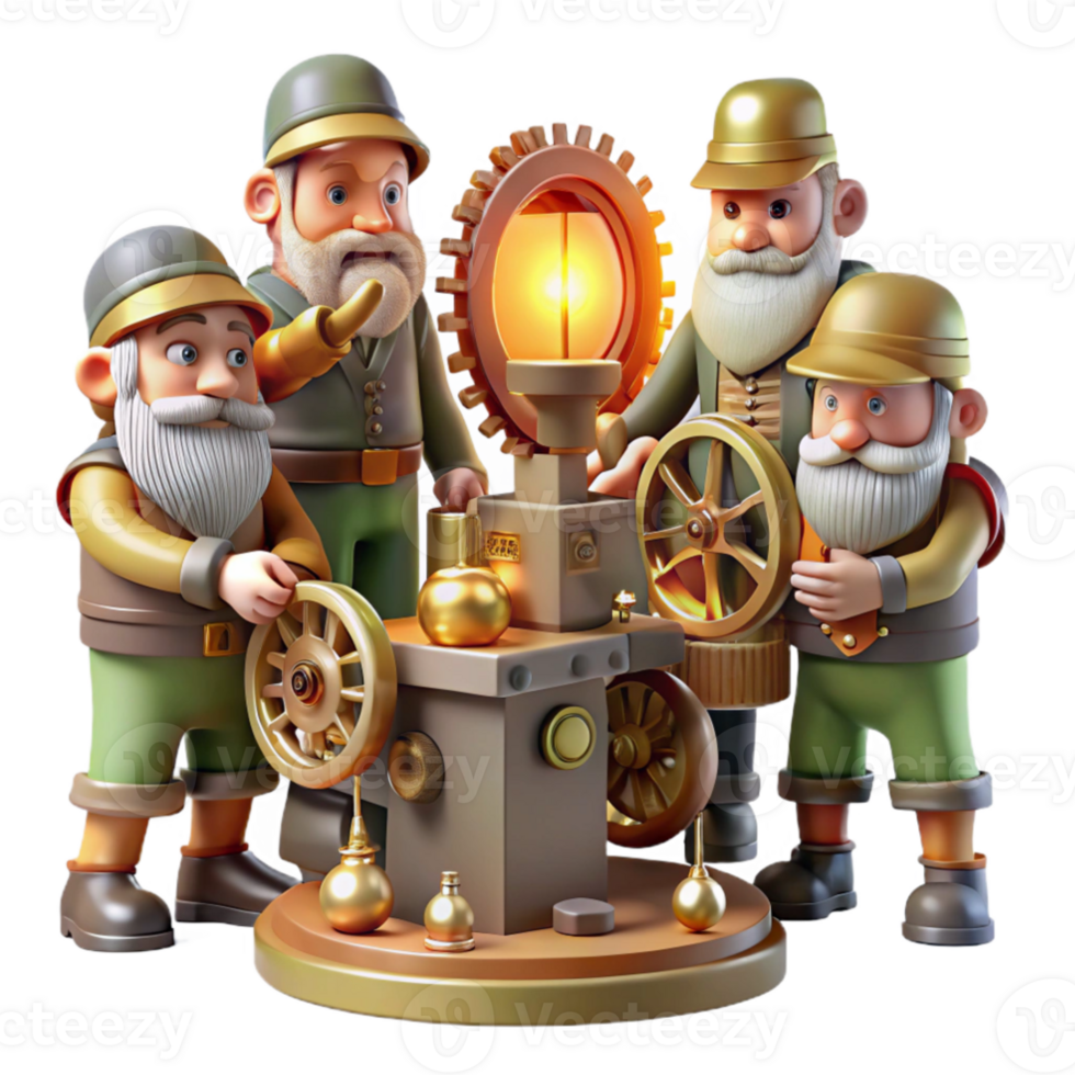 impressive contemporary wonderful traditional A group of gnome tinkerers working on a fantastical clockwork contraption, warm lighting, steampunk style, highly detailed high resolution original png