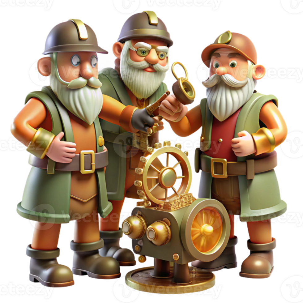 wonderful vintage elegant rustic A group of gnome tinkerers working on a fantastical clockwork contraption, warm lighting, steampunk style, highly detailed detailed genuine png