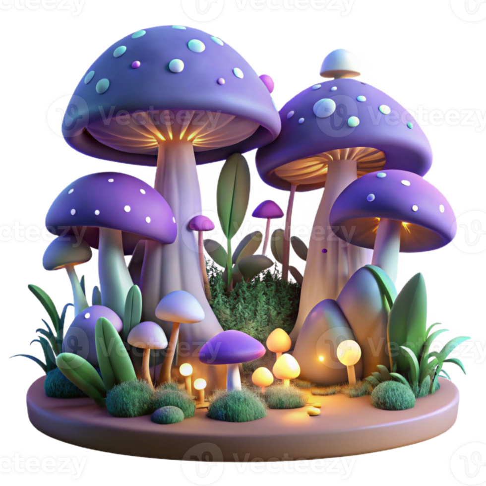 dramatic artistic dramatic vintage A hidden forest glade filled with glowing mushrooms and strange flora, twilight lighting, dreamlike style, detailed foliage high quality authentic png