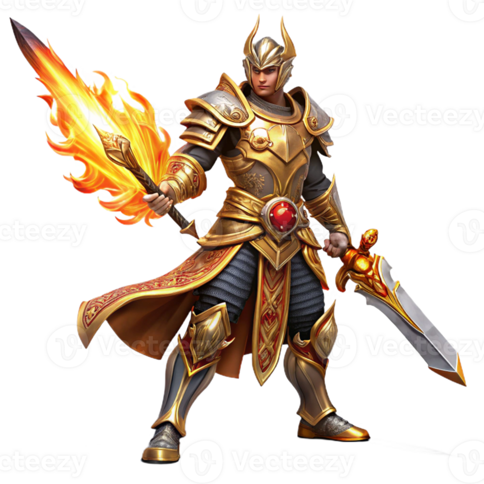 dramatic creative elegant creative A warrior in ornate armor wielding a flaming sword, dramatic lighting, baroque style, intricate metalwork high quality high resolution png