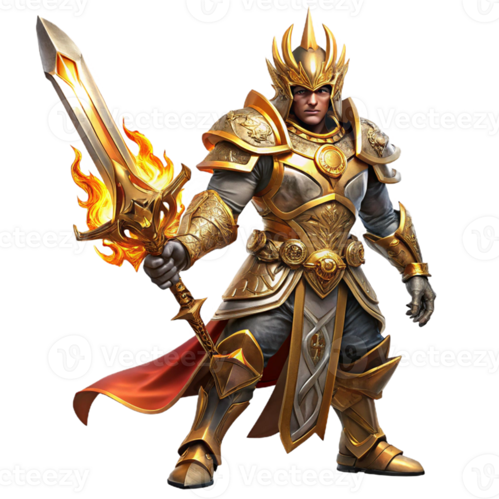 beautiful traditional beautiful contemporary A warrior in ornate armor wielding a flaming sword, dramatic lighting, baroque style, intricate metalwork detailed detailed png