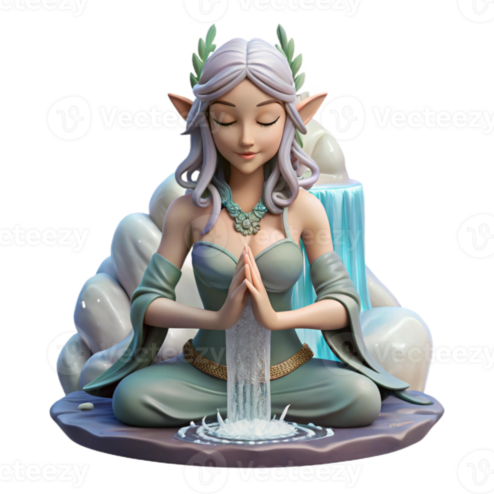 dramatic vintage extraordinary artistic A beautiful elf with intricate floral tattoos meditating beneath a waterfall, dappled lighting, ethereal style, flowing hair 4K detailed png
