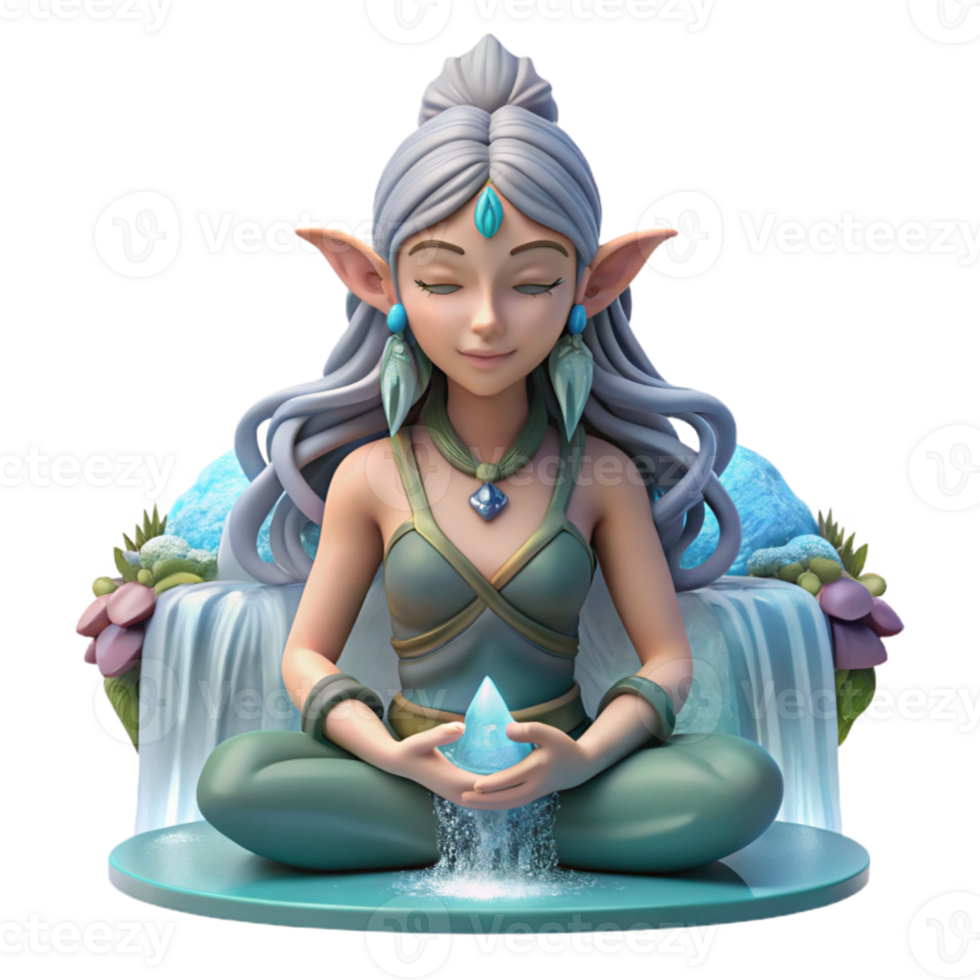 elegant abstract vibrant vintage A beautiful elf with intricate floral tattoos meditating beneath a waterfall, dappled lighting, ethereal style, flowing hair detailed genuine png