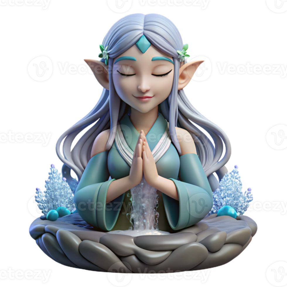 wonderful contemporary magnificent artistic A beautiful elf with intricate floral tattoos meditating beneath a waterfall, dappled lighting, ethereal style, flowing hair high resolution genuine png