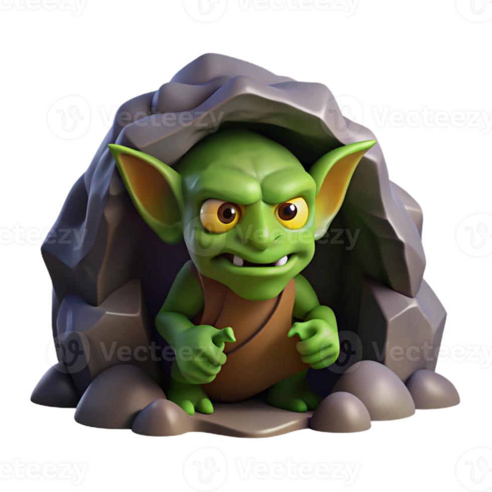 beautiful contemporary serene minimalist A mischievous goblin hiding in a dark cave, eerie and shadowy lighting, fantasy art style high quality 4K png