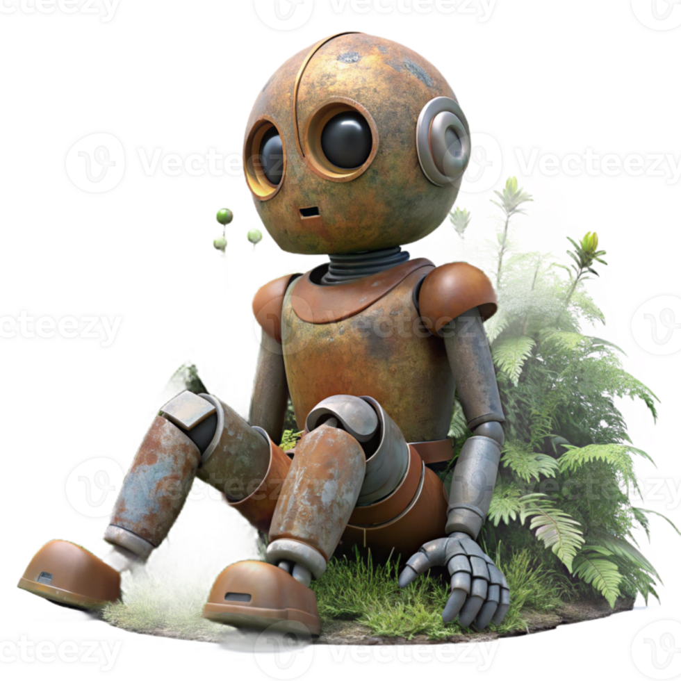 dramatic creative extraordinary minimalist A dilapidated robot sitting in a overgrown garden, rust and vines covering its metallic body, soft natural lighting, melancholic style detailed professional png