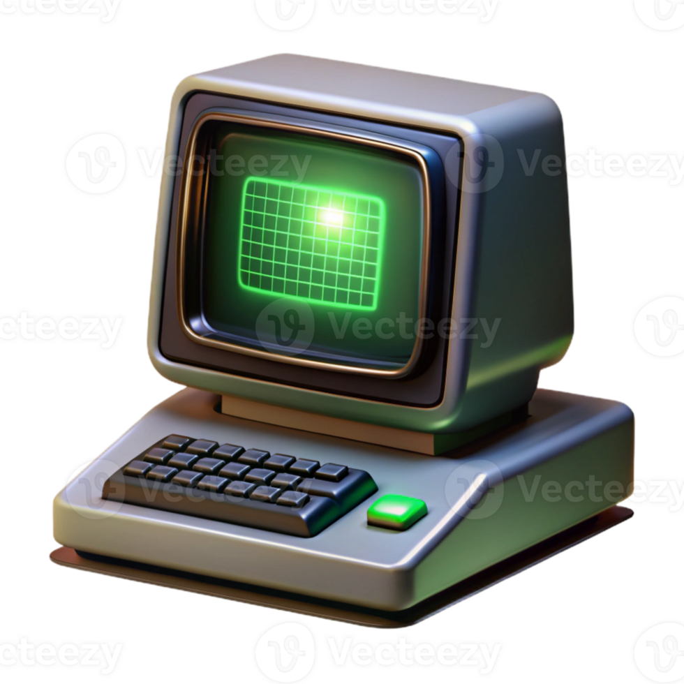 dramatic minimalist magnificent modern A vintage computer terminal displaying cryptic code, green text on a black screen, dark and moody lighting, retro style premium high quality png