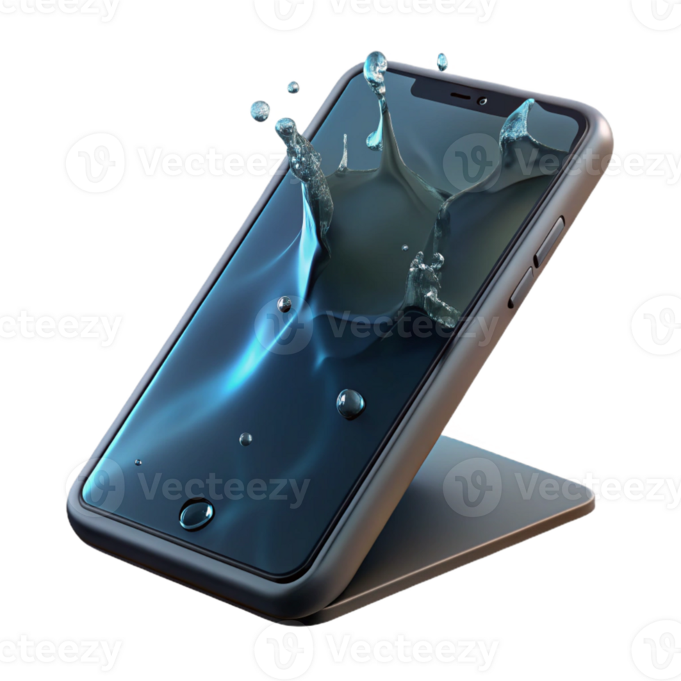 elegant contemporary wonderful artistic A broken smartphone submerged in water, screen cracked and distorted, dark and eerie lighting, surreal style 4K 4K png