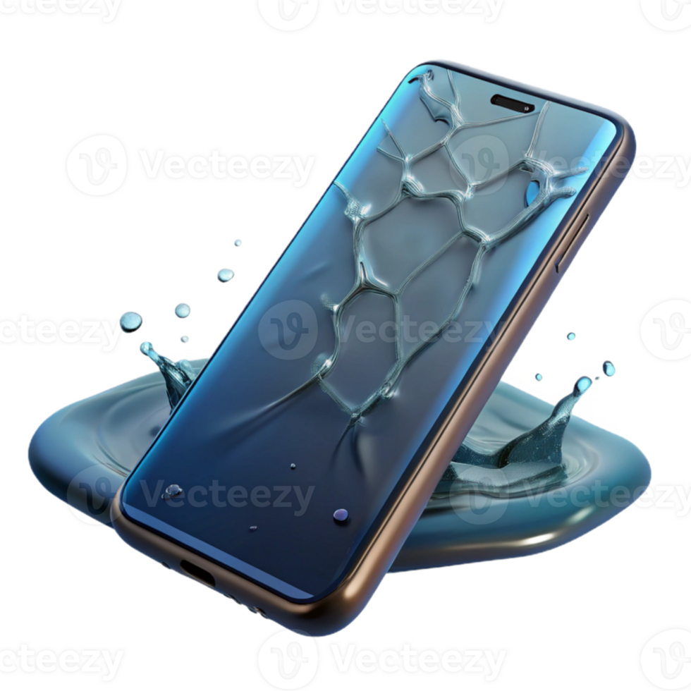 beautiful classic stunning traditional A broken smartphone submerged in water, screen cracked and distorted, dark and eerie lighting, surreal style premium exclusive png