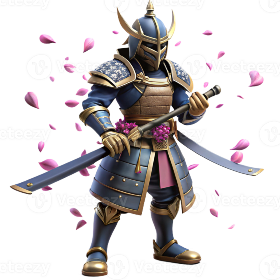 stunning modern wonderful creative A lone warrior in ornate samurai armor, wielding a glowing katana, cherry blossom petals falling around him. Dramatic, cinematic lighting authentic exclusive png