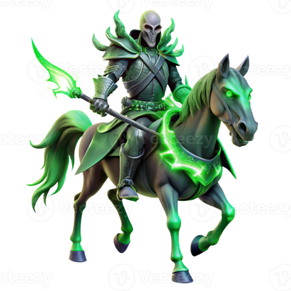 vibrant contemporary stunning traditional A spectral knight riding a skeletal warhorse, spectral flames emanating from its armor, eerie green lighting. Dark souls style exclusive 4K png
