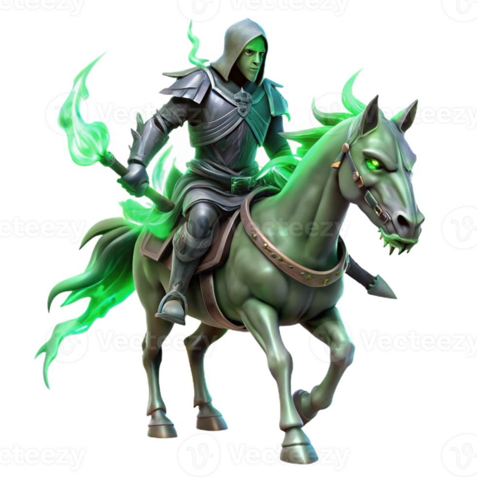 impressive artistic vibrant abstract A spectral knight riding a skeletal warhorse, spectral flames emanating from its armor, eerie green lighting. Dark souls style high quality original png