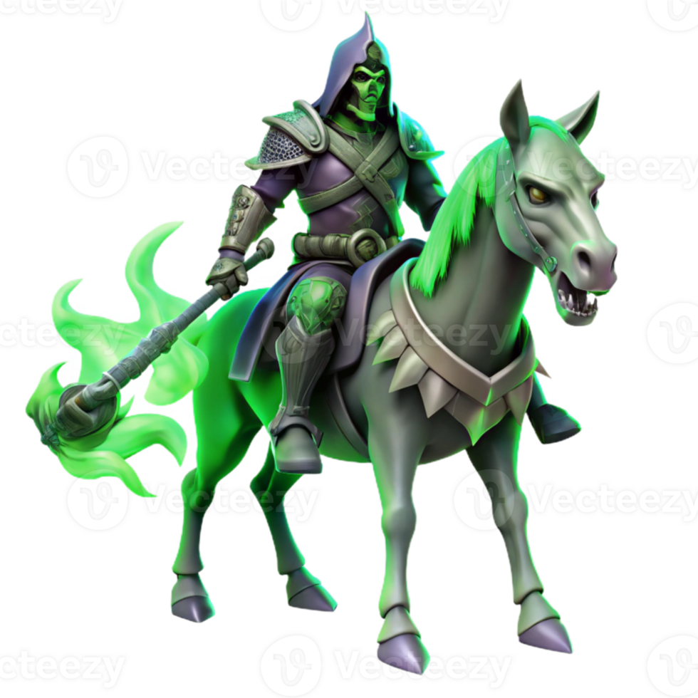 serene vintage elegant rustic A spectral knight riding a skeletal warhorse, ghostly green glow, dark fantasy style high resolution genuine png