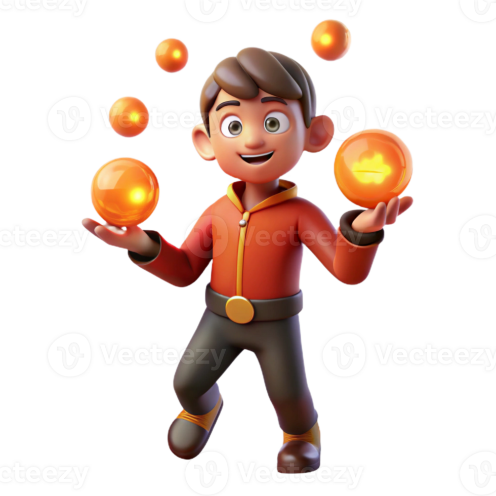 beautiful minimalist serene traditional A mischievous imp juggling glowing orbs, fiery orange lighting, cartoon style premium original png