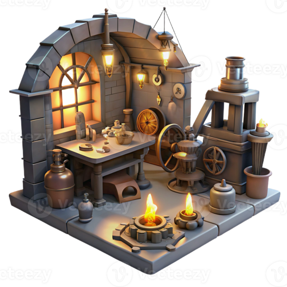 beautiful abstract dramatic modern A cluttered steampunk workshop, filled with tools, gears, and half-finished inventions, dim candlelight, gritty realism style 4K premium png