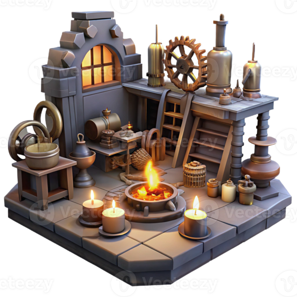 extraordinary contemporary vibrant creative A cluttered steampunk workshop, filled with tools, gears, and half-finished inventions, dim candlelight, gritty realism style premium detailed png