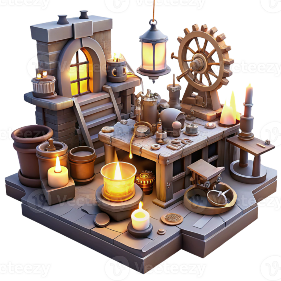 beautiful modern extraordinary vintage A cluttered steampunk workshop, filled with tools, gears, and half-finished inventions, dim candlelight, gritty realism style genuine genuine png