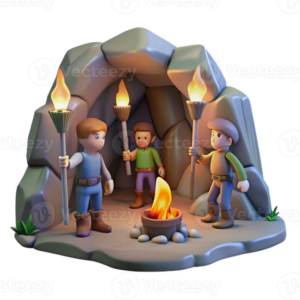 vibrant rustic vibrant modern A group of adventurers exploring a hidden cave, torchlight, cinematic style high resolution premium png