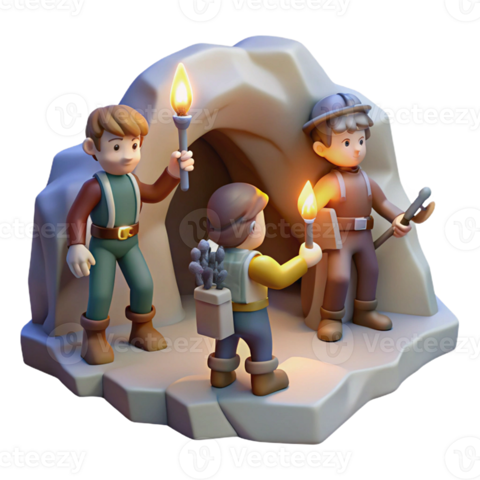 elegant abstract serene minimalist A group of adventurers exploring a hidden cave, torchlight, cinematic style high resolution detailed png