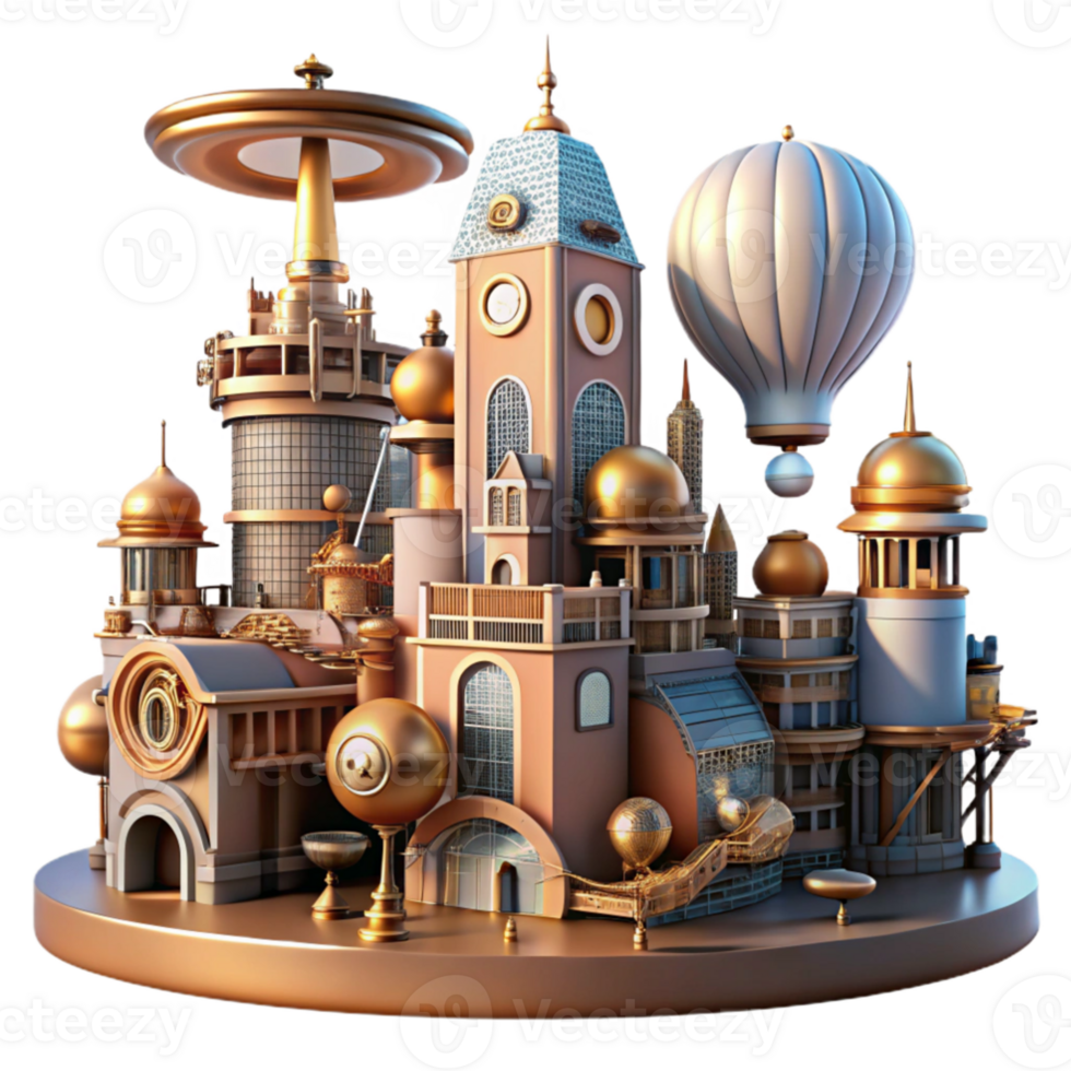 impressive artistic extraordinary rustic A steampunk cityscape with towering clockwork buildings and flying machines, vibrant midday lighting, art deco style professional authentic png