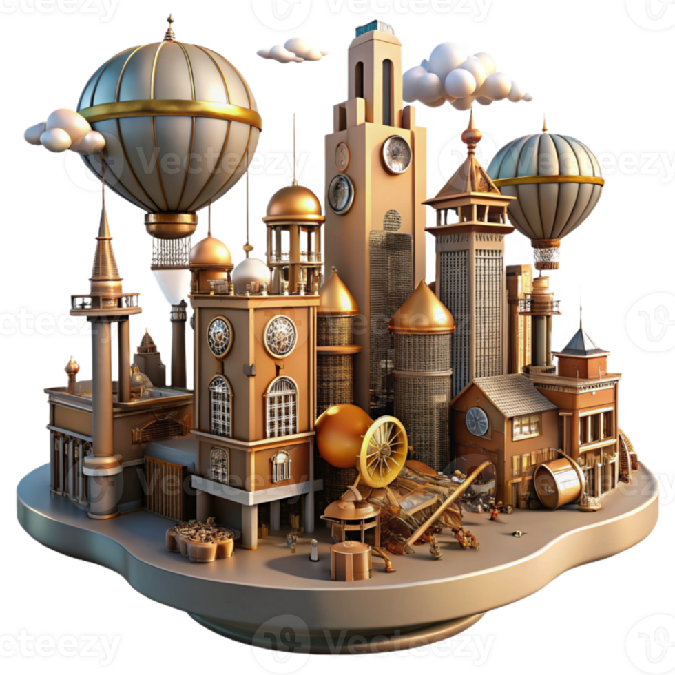 impressive rustic stunning traditional A steampunk cityscape with towering clockwork buildings and flying machines, vibrant midday lighting, art deco style authentic professional png