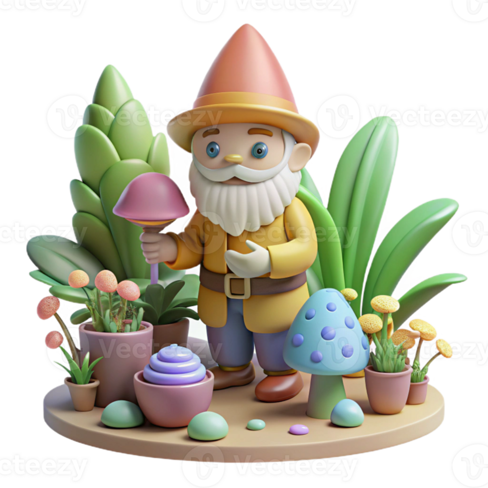 stunning classic beautiful contemporary A whimsical gnome tending a magical garden filled with glowing flora, soft pastel colors, children's book illustration style high resolution high resolution png