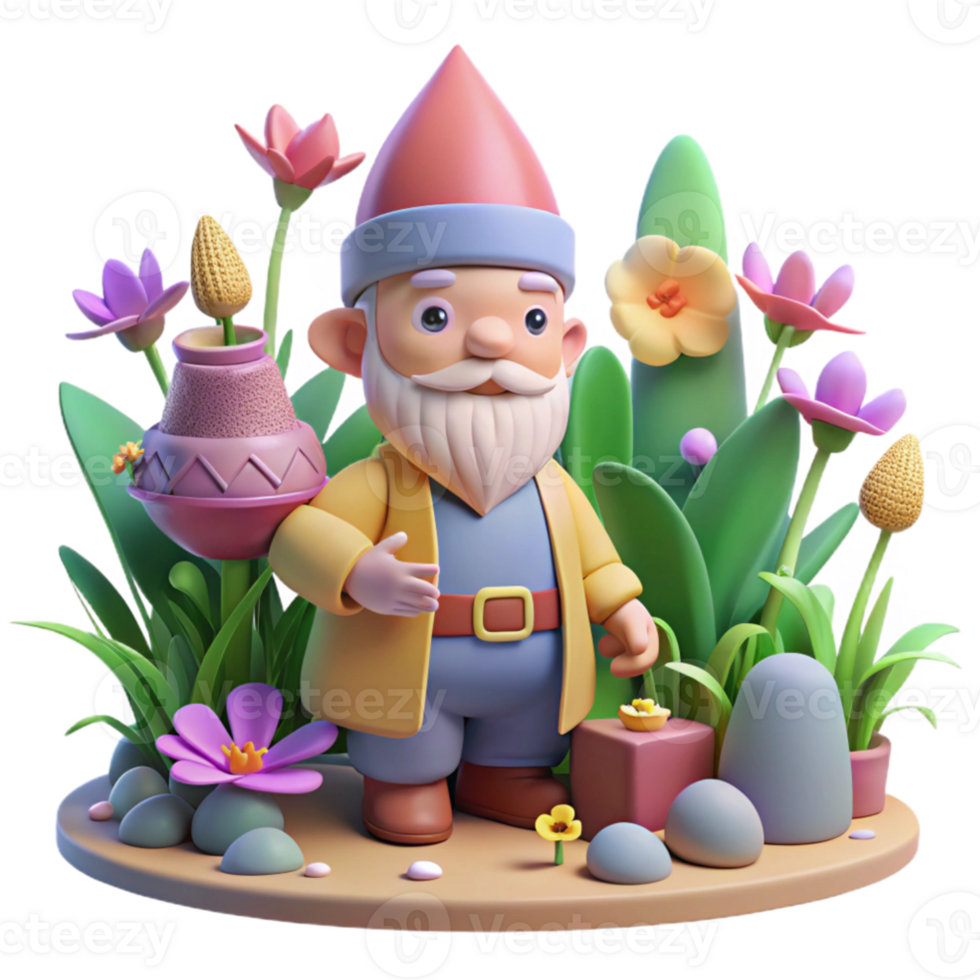 vibrant modern vibrant rustic A whimsical gnome tending a magical garden filled with glowing flora, soft pastel colors, children's book illustration style 4K genuine png