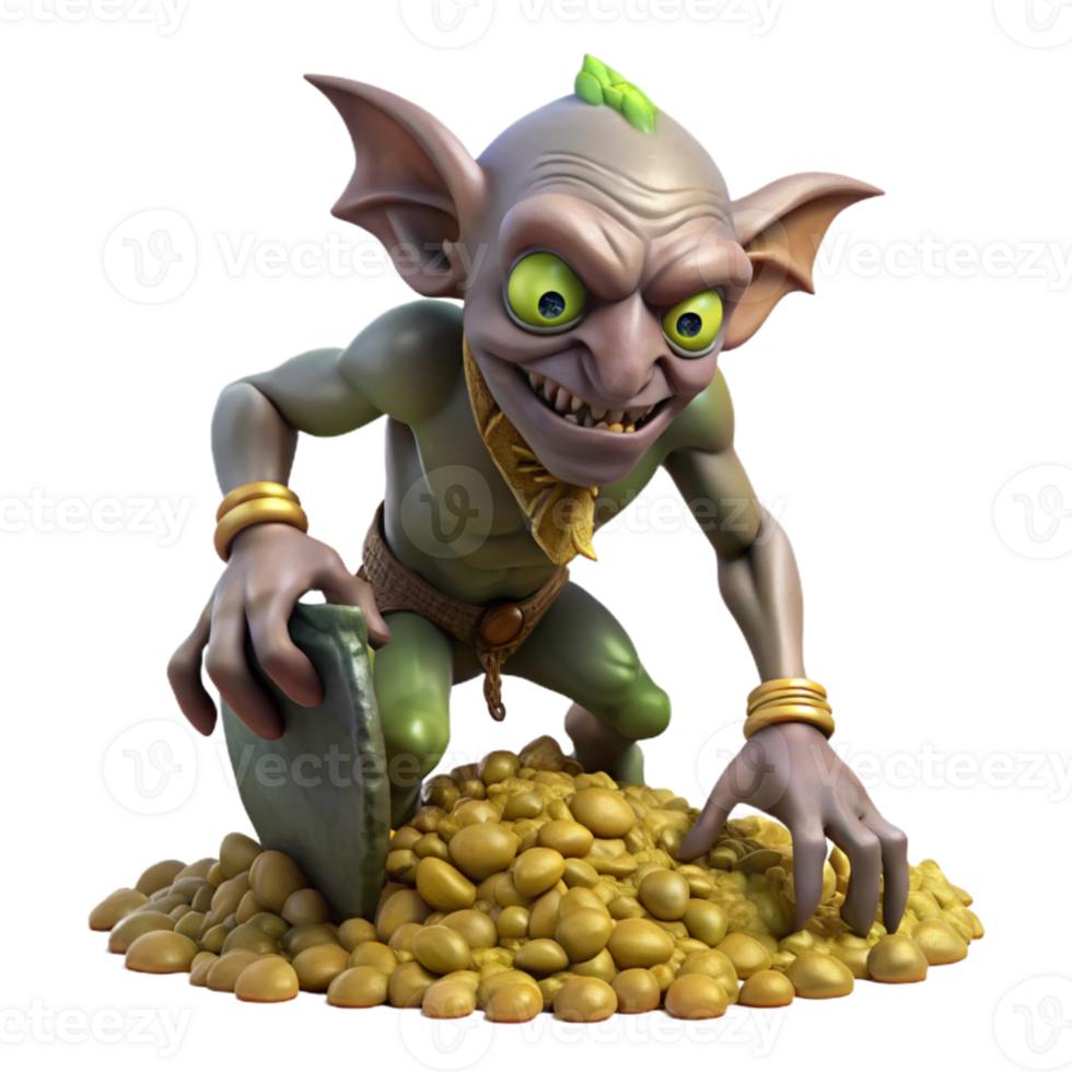 impressive abstract beautiful contemporary A grotesque goblin scavenging through a pile of treasure, dim cavern lighting, gritty realism style original high quality png