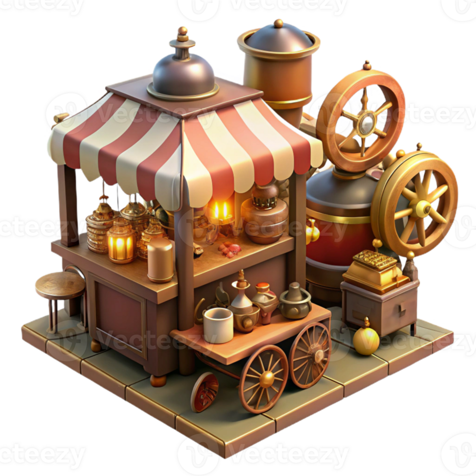 vibrant artistic magnificent creative A bustling steampunk market filled with eccentric vendors and strange inventions, warm market lighting, impressionistic style professional premium png