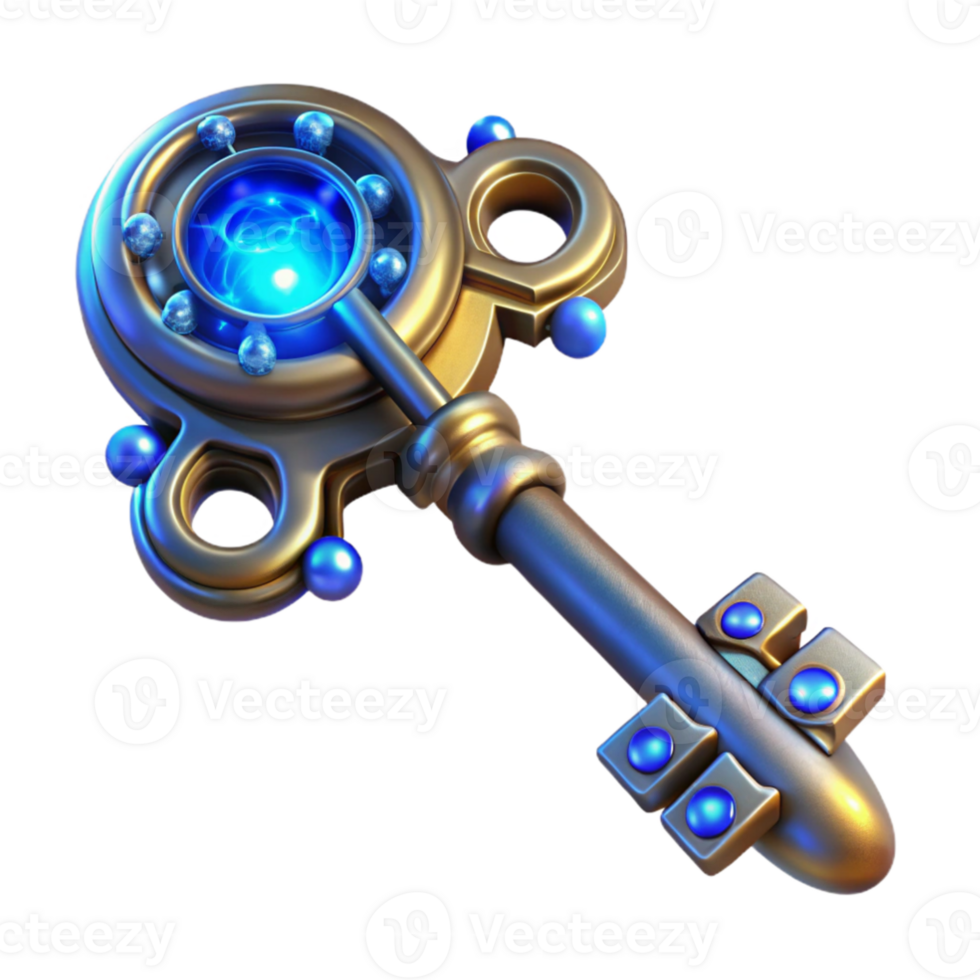 beautiful classic vibrant abstract A intricate steampunk key with glowing symbols, mystical blue lighting, fantasy art style professional genuine png