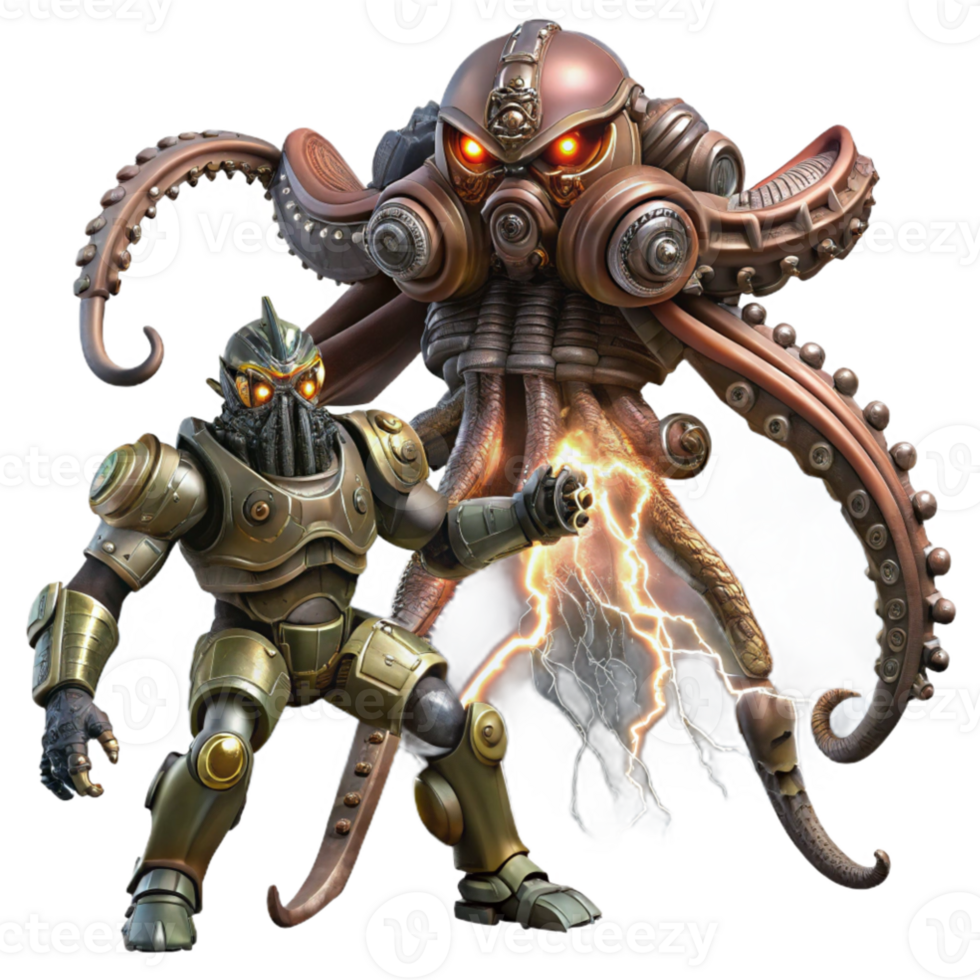 vibrant vintage extraordinary modern A colossal steampunk robot battling a giant mechanical squid, dramatic stormy lighting, epic fantasy style authentic 4K png