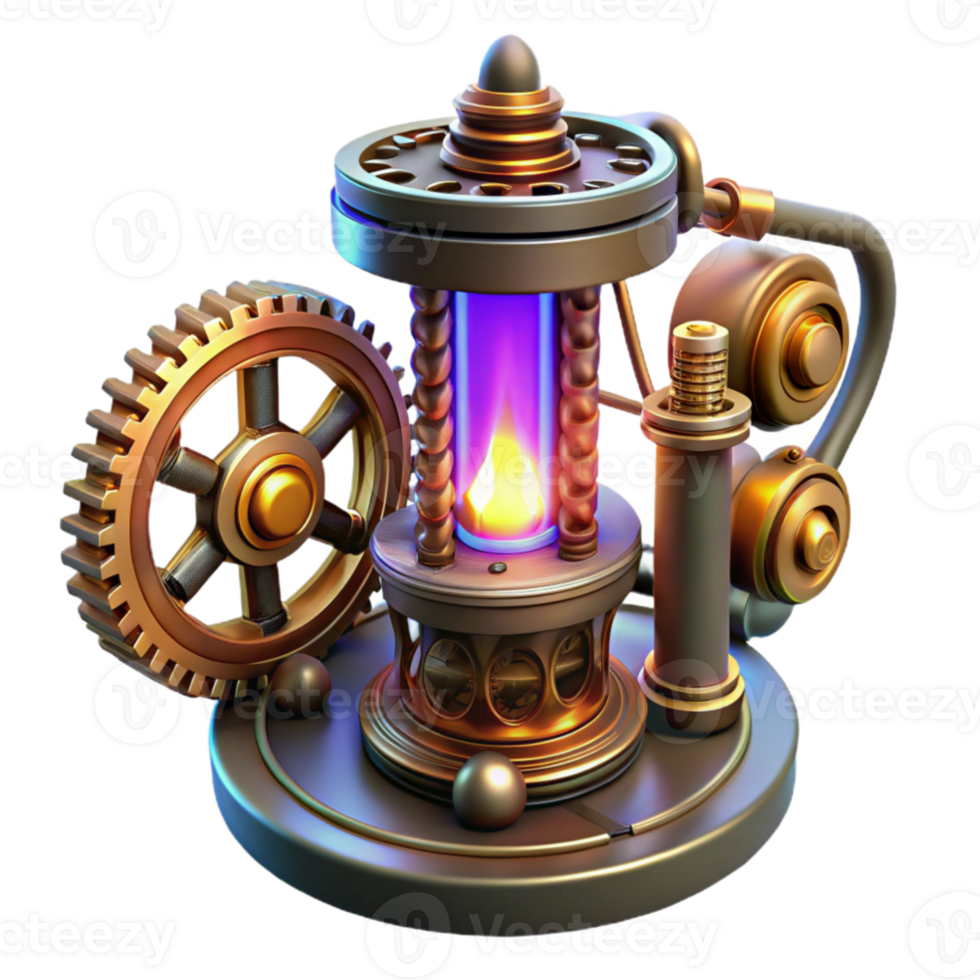 wonderful vintage beautiful contemporary A complex steampunk device with spinning gears and glowing tubes, mysterious lighting, surreal style original high quality png
