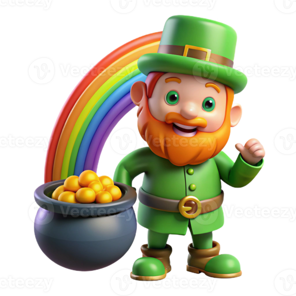 extraordinary traditional vibrant modern A mischievous leprechaun guarding a pot of gold at the end of a rainbow, vibrant rainbow colors, cartoon style genuine detailed png