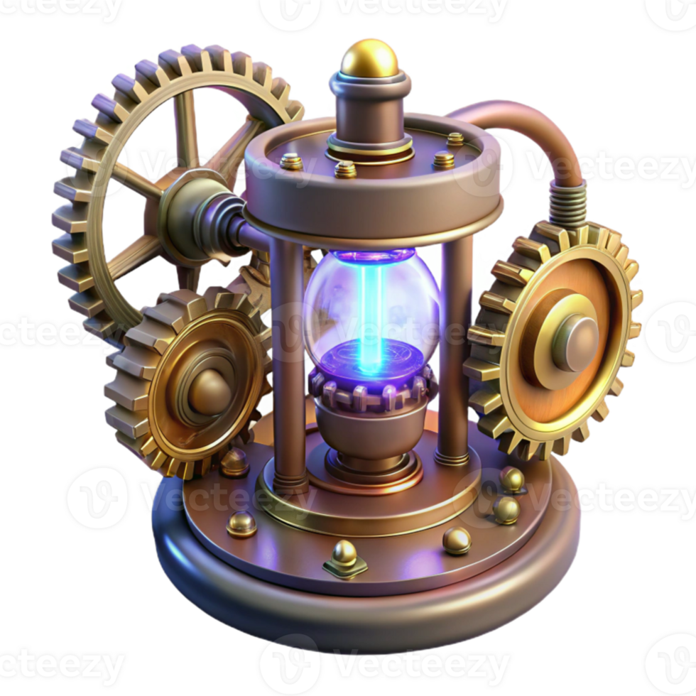 magnificent classic impressive contemporary A complex steampunk device with spinning gears and glowing tubes, mysterious lighting, surreal style premium authentic png
