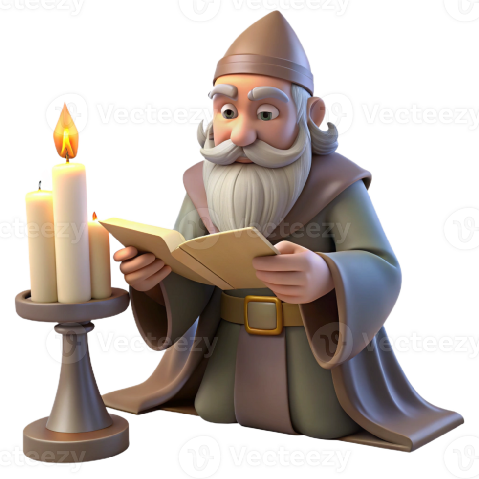 beautiful creative serene artistic A wise old wizard studying a ancient scroll in his tower, candlelight, fantasy art style exclusive 4K png