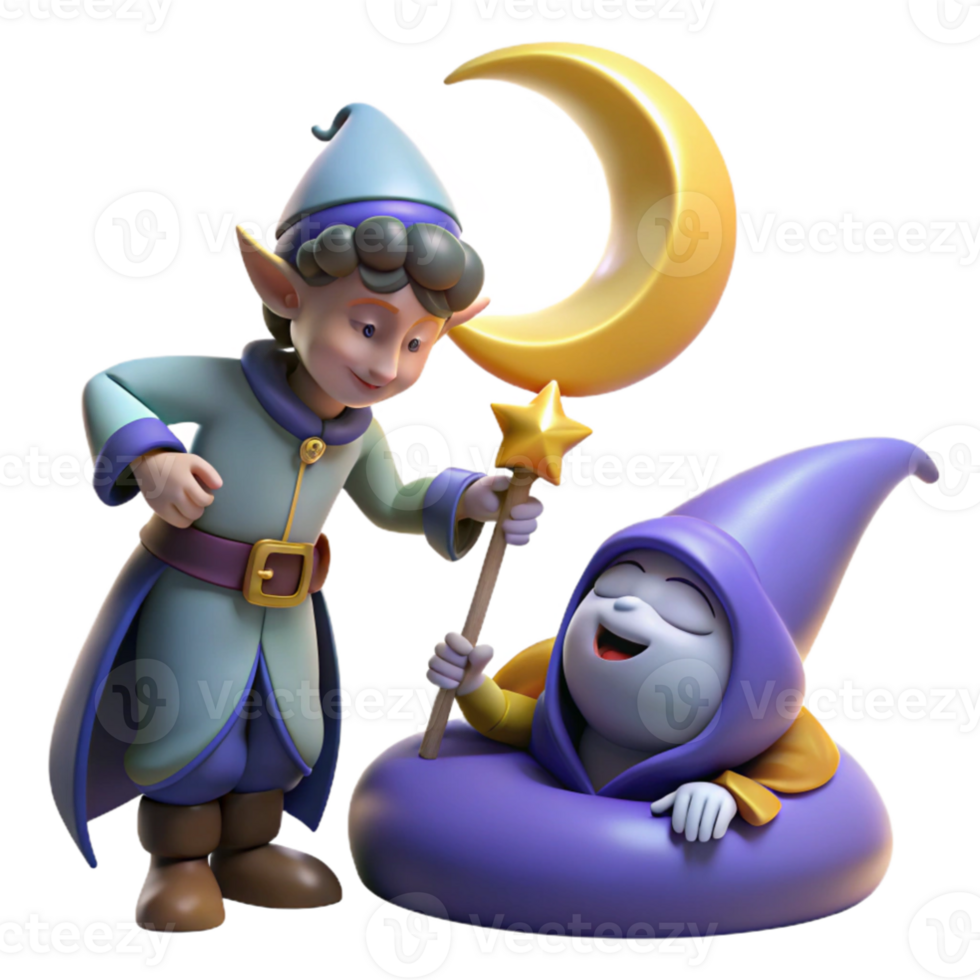 magnificent modern elegant rustic A mischievous pixie casting a spell on a sleeping knight, moonlight, whimsical illustration style high quality high resolution png
