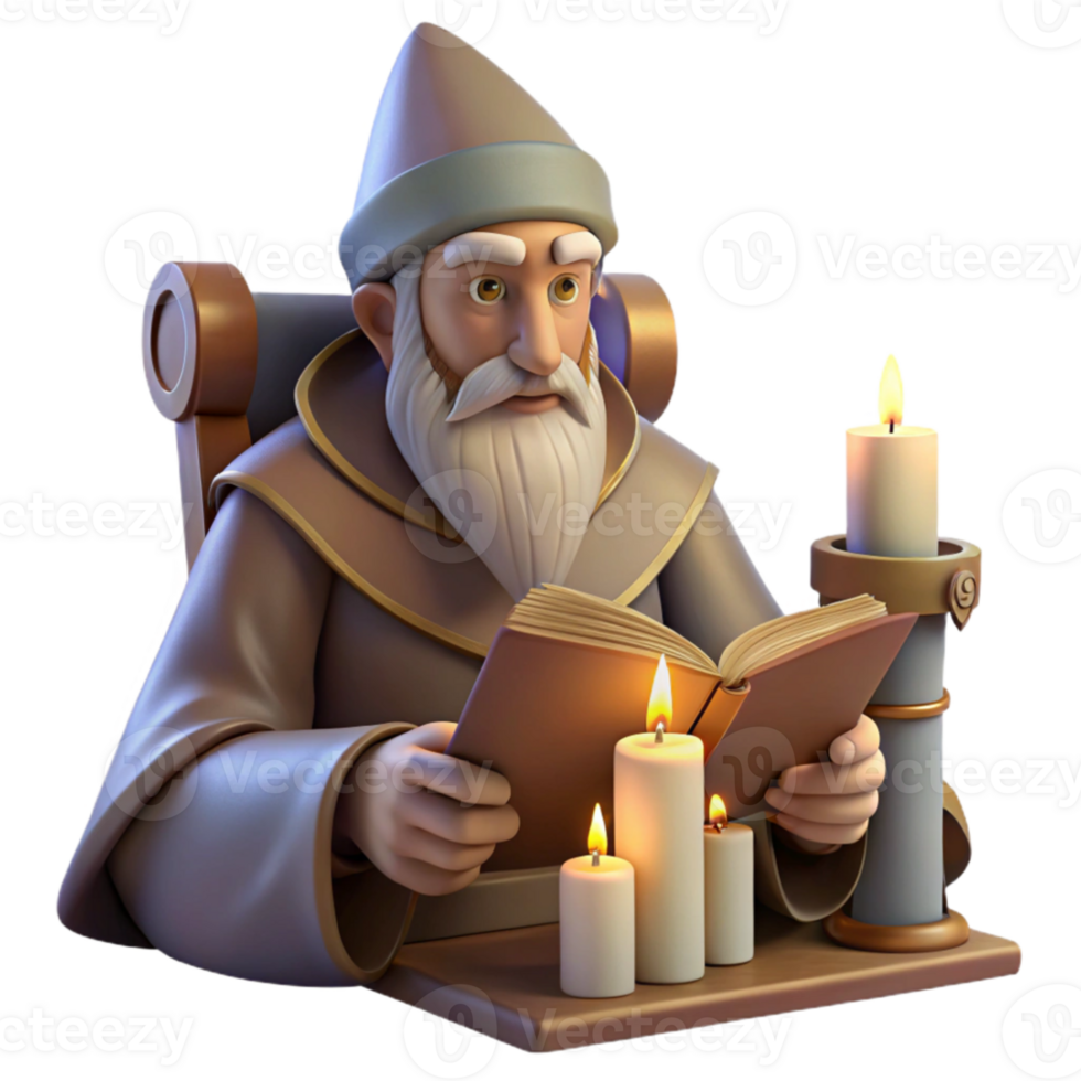 magnificent modern beautiful artistic A wise old wizard studying a ancient scroll in his tower, candlelight, fantasy art style original premium png