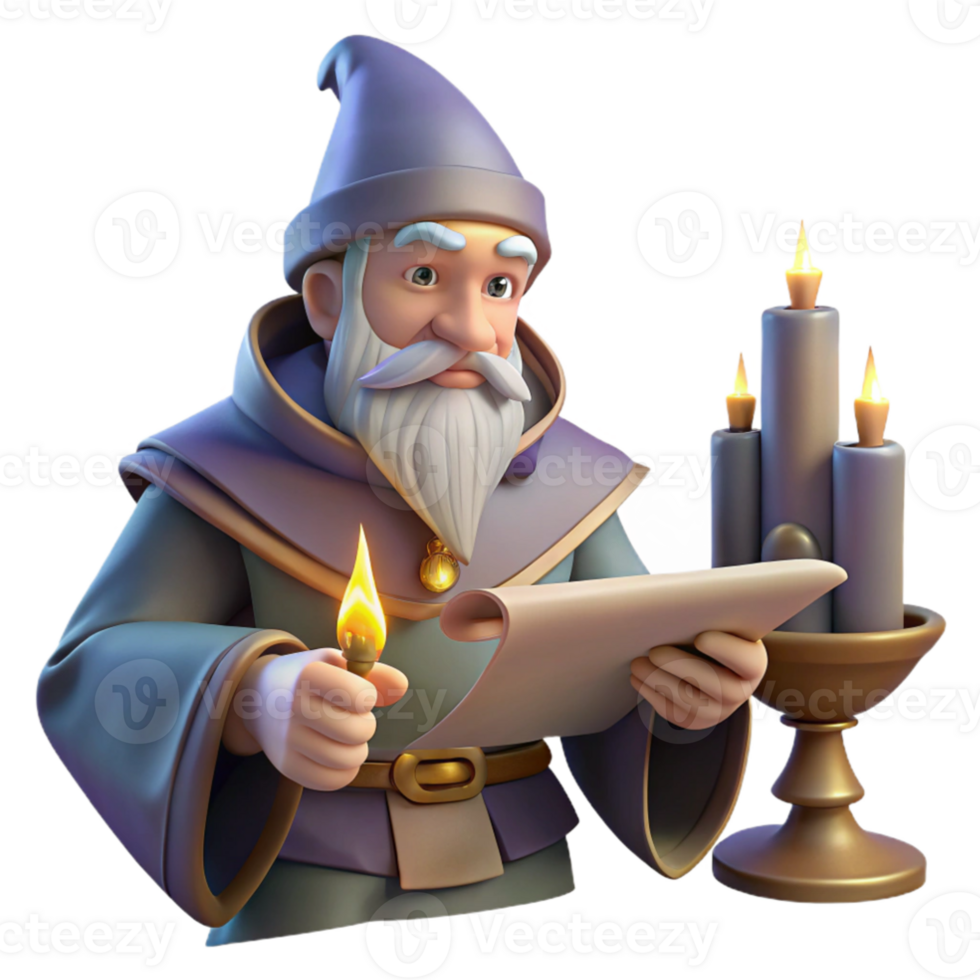 dramatic creative stunning creative A wise old wizard studying a ancient scroll in his tower, candlelight, fantasy art style high resolution genuine png