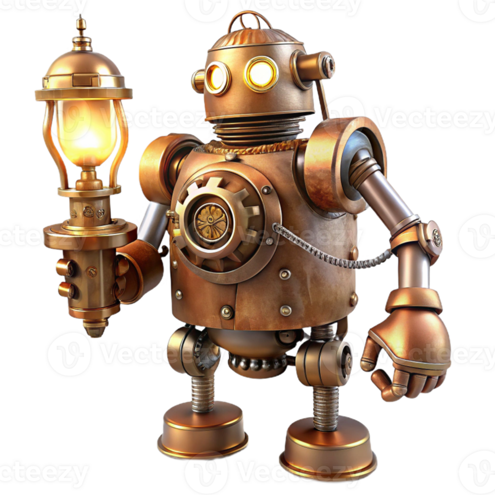 stunning artistic vibrant artistic A detailed depiction of a steampunk robot, brass and copper, intricate gears and pipes exposed, holding a glowing lamp, lit by soft, ambient light original authentic png